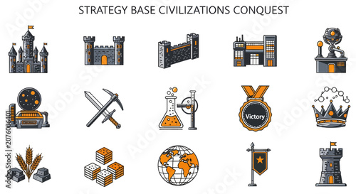 Fotografie Grid of 15 colorful icons representing civilization conquest and strategy elemen