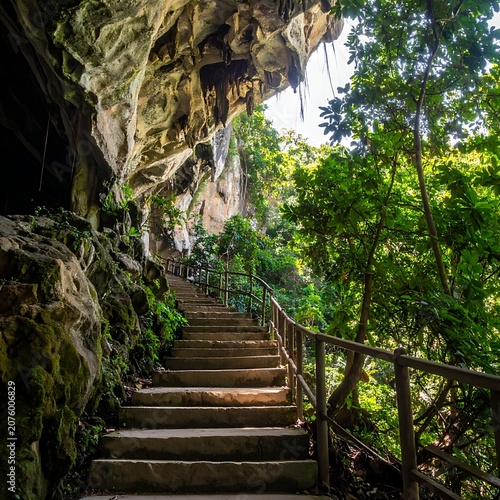 A serene staircase leads into a lush cave surrounded by greenery