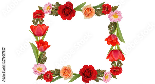 A Vibrant Square Floral Frame Composed Of Red Roses And Pink Tulips