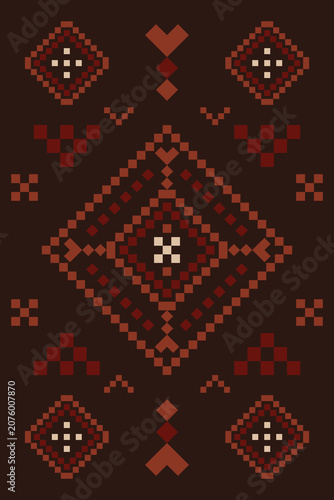 Native pixel art totem on dark chocolate background, bohemian geometric diamond pattern
