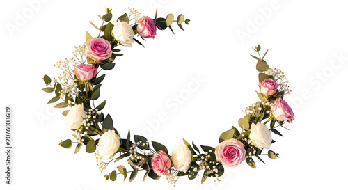 A beautiful crescent floral wreath featuring pink and white roses on black