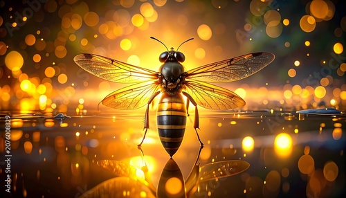 A bee stands on water with golden bokeh lights