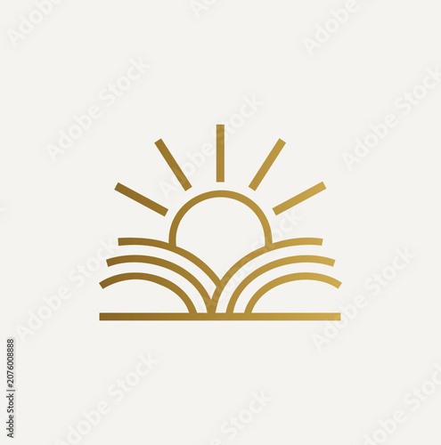 Professional and modern open book line art with rising sun.