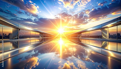A bright sun shines between two futuristic walkways