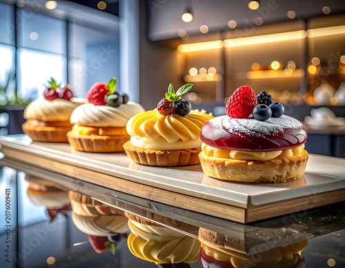 A close-up view of four decorated cupcakes on a wooden board