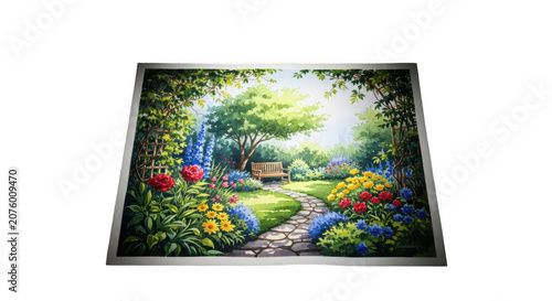 A serene garden landscape featuring a stone path leading to wooden bench
