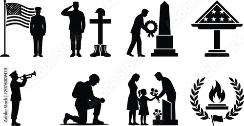 Foto Military remembrance silhouette illustrations featuring soldiers, flags, wreaths