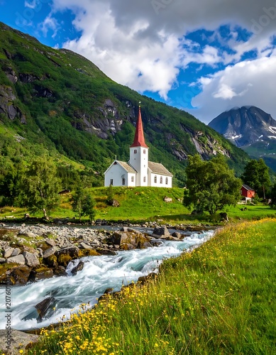 A serene white church with a red steeple beside a river