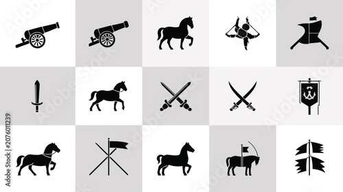 Obraz na plátně Medieval icon set with silhouettes of horses swords flags
