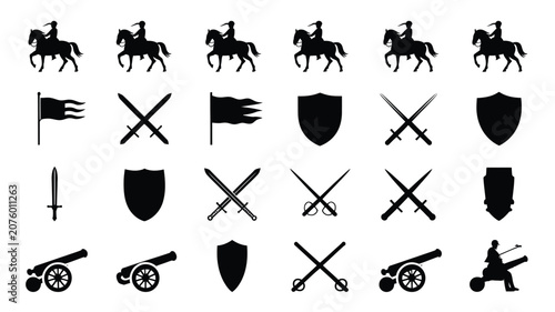 Canvas Print Medieval silhouette icon pack with knights swords shields