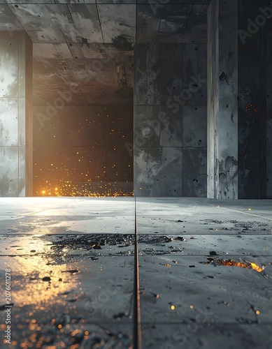 A dimly lit concrete room with a glowing light source