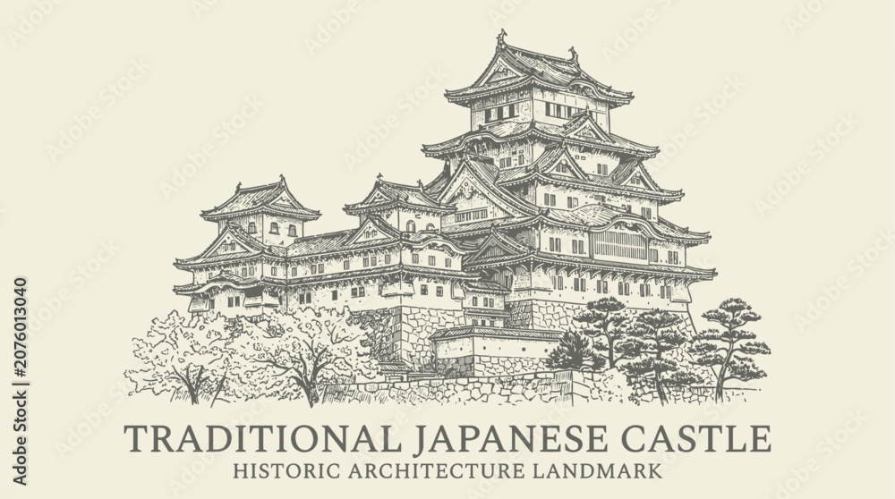 Obraz premium Detailed monochrome line art vector illustration of a majestic traditional Japanese castle architecture featuring pagoda roofs and stone fortifications in a hand drawn minimalist design style.