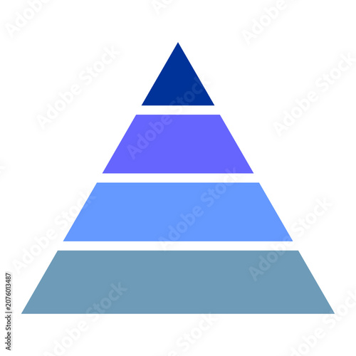Minimalist pyramid infographic diagram with 4 blue gradient levels. Geometric triangle funnel process chart template vector illustration for business presentation layout.