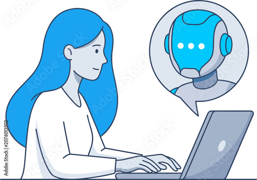 Woman with blue hair interacts with ai chatbot on laptop