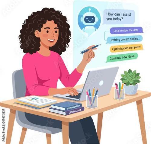 Woman interacts with ai on laptop at desk with books