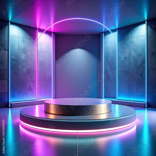 A futuristic stage with neon lights and a round platform (1)