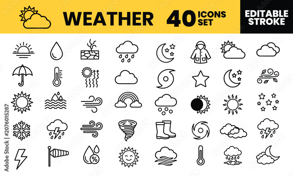 Naklejka premium Comprehensive set of forty minimalist weather line icons displaying various atmospheric conditions for clean professional web designs.