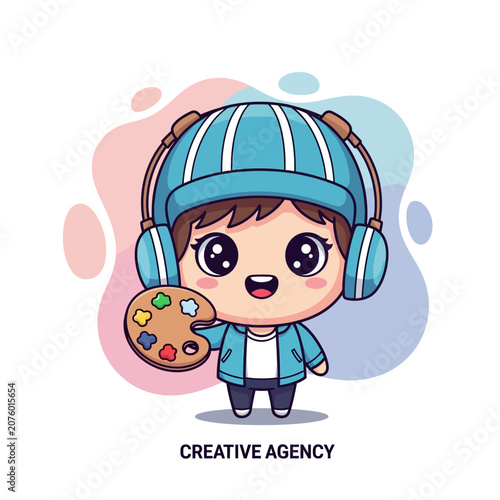 Cute Chibi Artist Character Wearing Headphones and Holding Color Palette Vector Illustration