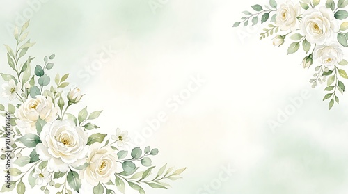 Watercolor white roses and eucalyptus floral corner arrangement