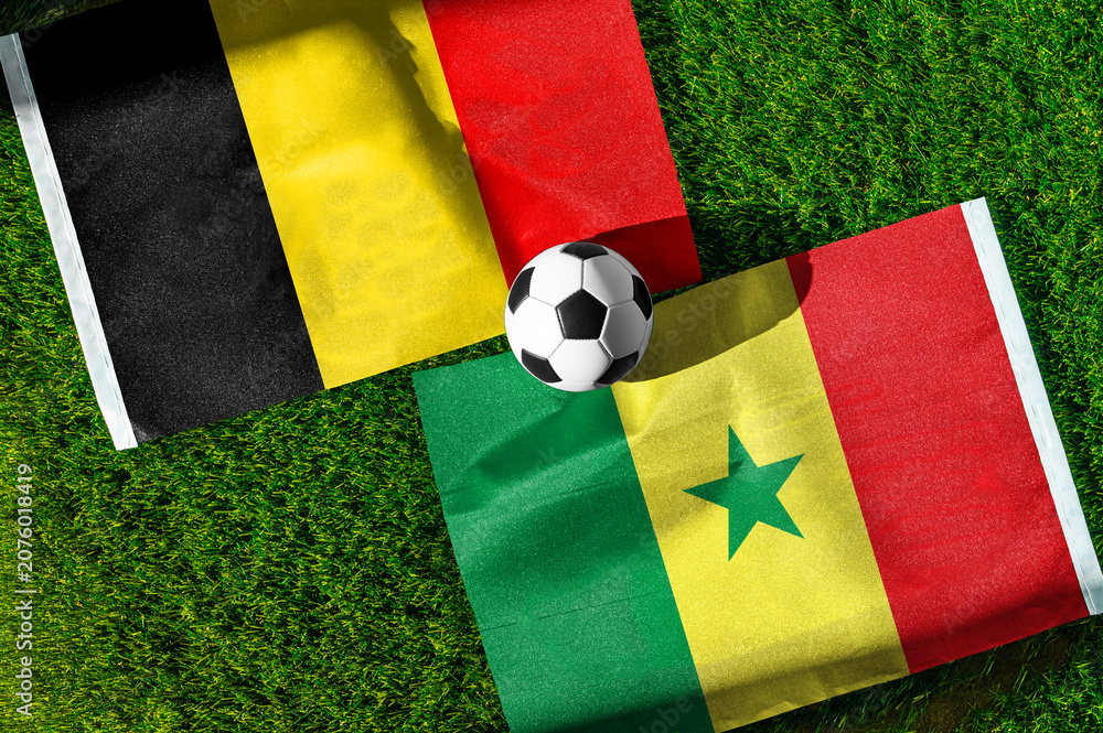Fototapeta premium Belgium vs Senegal, national flags before international football tournament Round of 32 match, football on green grass with goal in the background, Seattle, Washington, USA, July 1, 2026