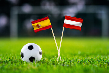 Spain vs Austria, national flags before international football tournament Round of 32 match, football on green grass with goal in the background, Inglewood, California, USA, July 2, 2026