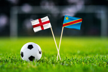 England vs DR Congo, national flags before international football tournament Round of 32 match, football on green grass with goal in the background, Atlanta, Georgia, USA, July 1, 2026