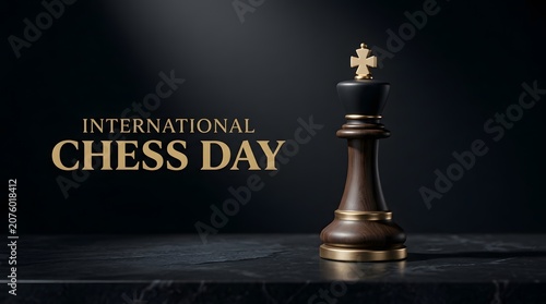 Minimalist black king chess piece on marble table for international chess day