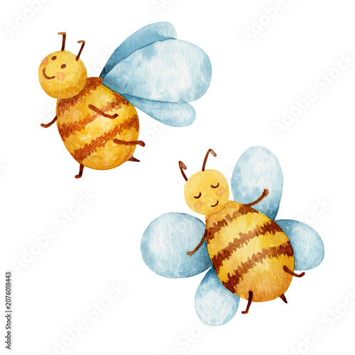 Canvastavla Hand-painted watercolor illustration featuring two adorable flying bees with soft blue wings and cheerful expressions