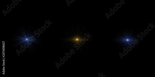 Fotografie Collection of bright star burst flares isolated on black background for digital design projects or glowing light art decorations