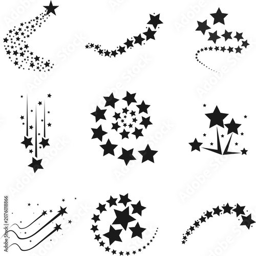 Shooting stars black silhouette vector icon set trailing star stream comet spark falling sparkles