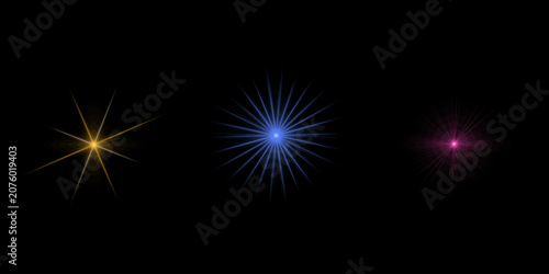 Collection of colorful star bursts and light flares isolated on black background radiant sparkling elements for digital art projects.