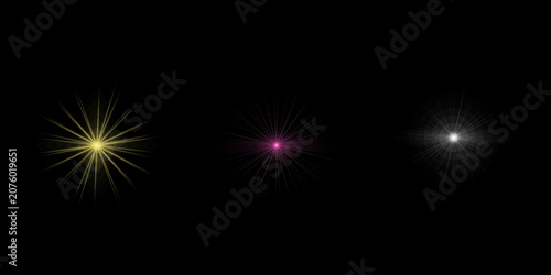 Collection of colorful star flare designs with sharp points and luminous light rays isolated on black for creative composition.