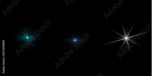 Collection of colorful star shapes and light flares isolated on black for artistic digital effects graphic design resource set.