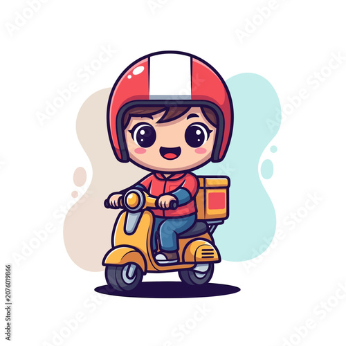 Cute Chibi Delivery Man Riding a Yellow Scooter Vector Illustration