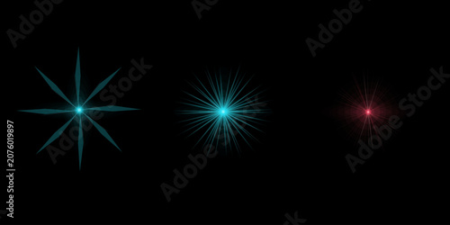 Collection of cyan and red light flare elements with sharp rays and center glow on black background for digital graphic design use.