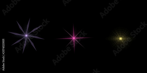 Collection of decorative light effect icons in purple pink and yellow colors for creative graphic design and digital media.