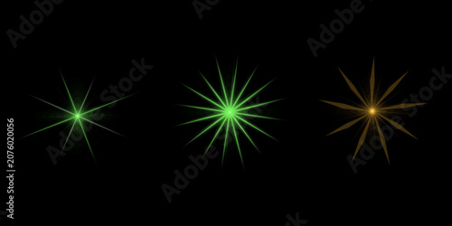 Collection of decorative light star burst effects with sharp ray shapes in vibrant colors for digital design isolated on black.