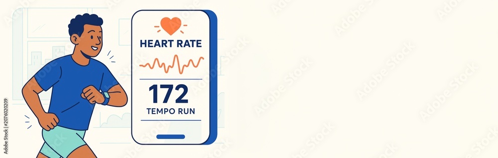 Obraz premium Cartoon styled fitness concept with jogger tracking heart rate on smartwatch and smartphone, light background with copyspace for banner or ad. Ai generative