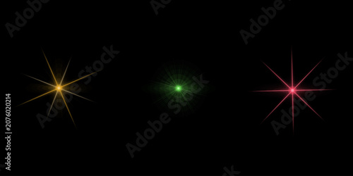 Collection of decorative light starburst effects with glowing rays in gold green and pink colors isolated on black background.