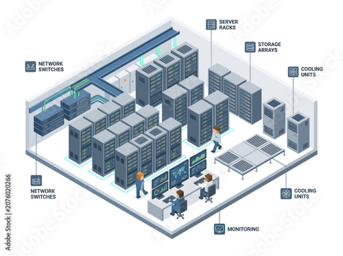 Modern Data Center with Server Racks and Cooling Units.