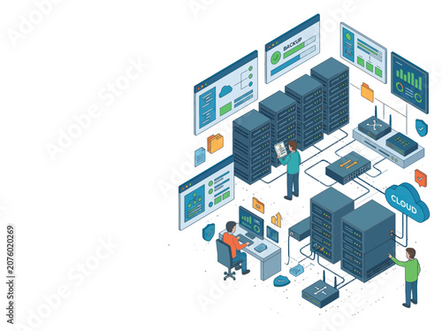 Modern data center with servers and network equipment.