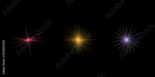Collection of decorative star flares in red gold and purple colors isolated on black for digital art and graphic works.