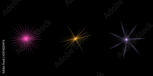 Collection of decorative star light overlays with vibrant glowing rays isolated on dark black background for digital designs.