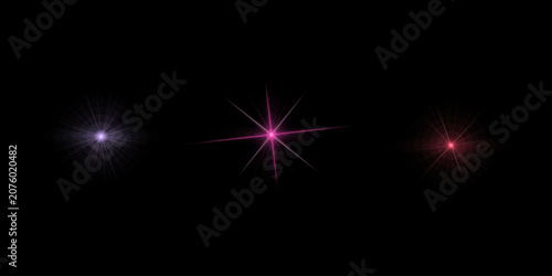 Collection of decorative star light elements with radiant beams and lens flares in multiple colors for vibrant creative projects.