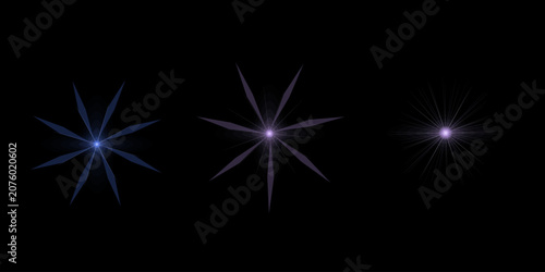 Collection of elegant star bursts and glowing lens flares with distinct rays for digital graphic design isolated on black base.