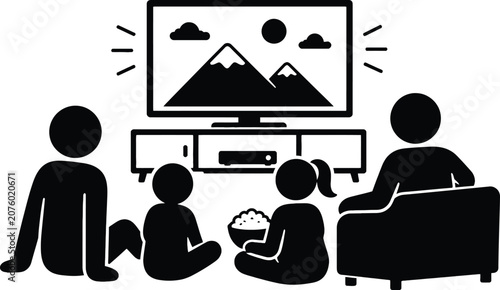 Family Watching Television Together Illustration, Home Entertainment Concept