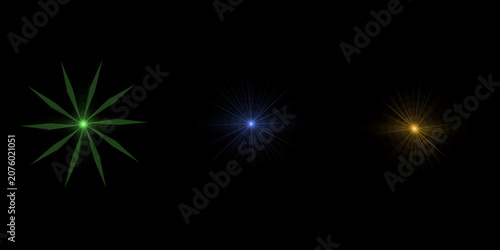 Collection of glowing star elements and radiant light beams for design projects isolated on black background vector illustration.