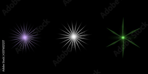 Collection of glowing star light flare effects with colorful rays isolated on black background for digital graphic design elements.