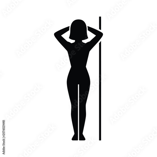 Silhouette of a woman standing by a pole, posing with hands behind her head, vector icon design