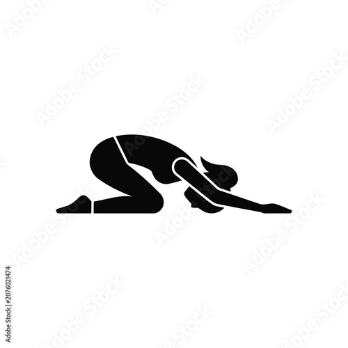 Childs pose yoga icon, flat vector illustration of woman stretching in balasana position for wellness and fitness